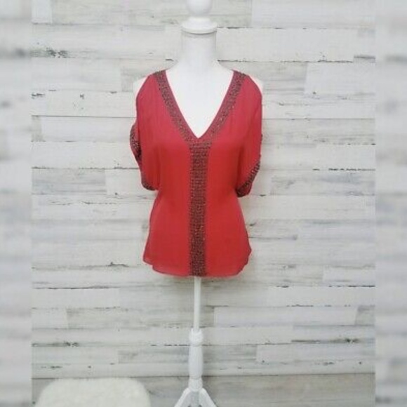 PARKER RED 100% SILK COLD SHOULDER TOP BEADED SIZE L - Picture 8 of 11